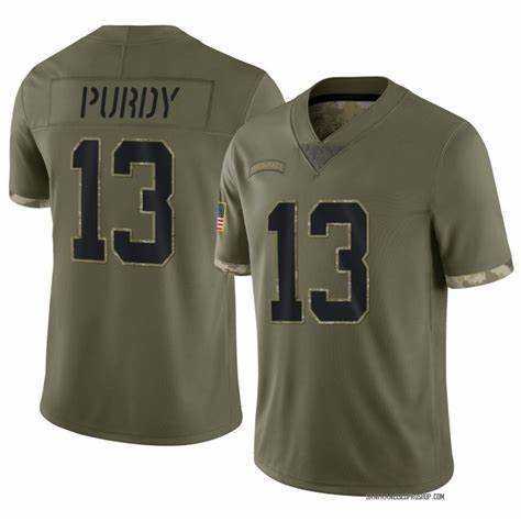 Mens San Francisco 49ers #13 Brock Purdy 2022 Olive Salute To Service Limited Stitched Jersey